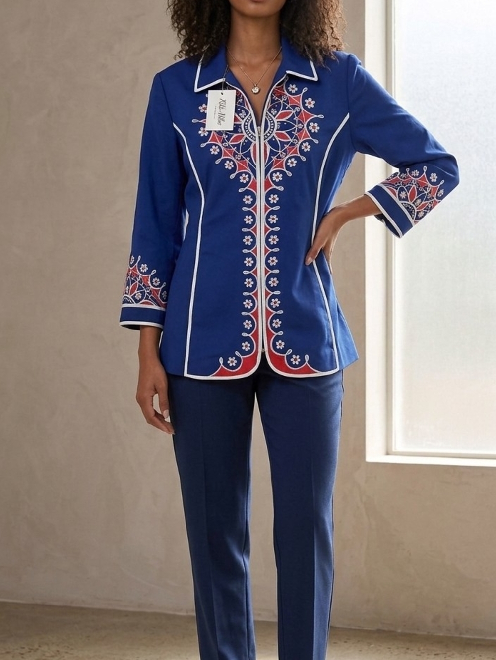 Bob Mackie Blue Cut Out  Embroidered Jacket Red & White Accents  (Jacket Only)